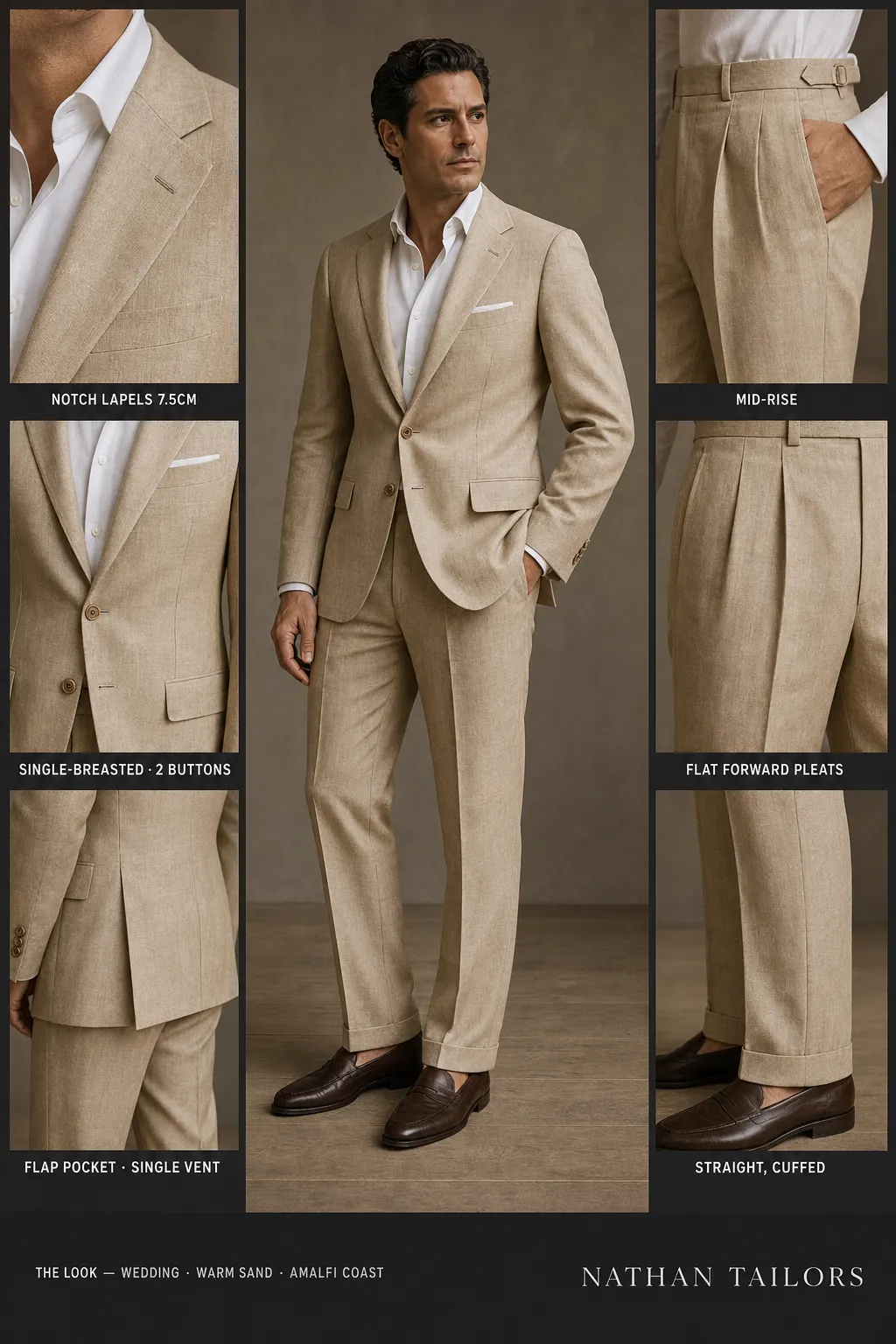 warm sand single-breasted notch-lapel bespoke suit โ AI-rendered by Nathan Tailors, the Hoi An custom tailor. Available as a custom tailored suit from $149.
