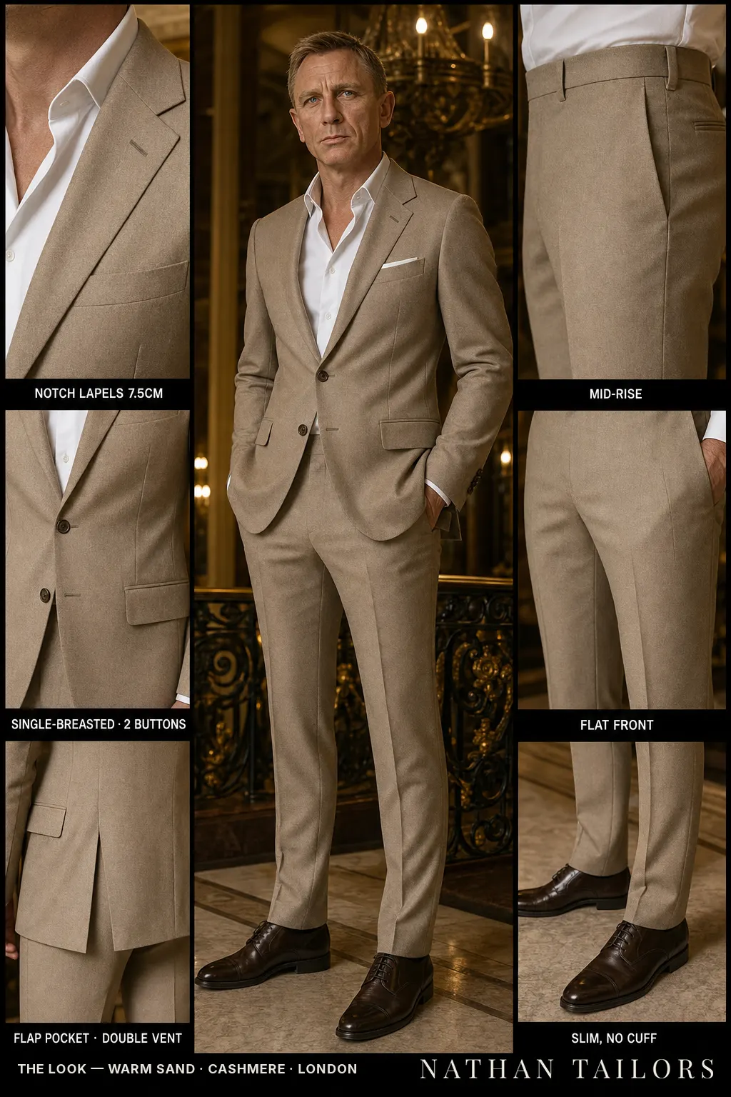 warm sand single-breasted notch-lapel bespoke suit โ AI-rendered by Nathan Tailors, the Hoi An custom tailor. Available as a custom tailored suit from $149.