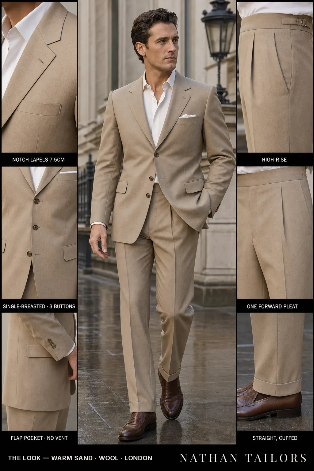 warm sand single-breasted notch-lapel bespoke suit โ AI-rendered by Nathan Tailors, the Hoi An custom tailor. Available as a custom tailored suit from $149.