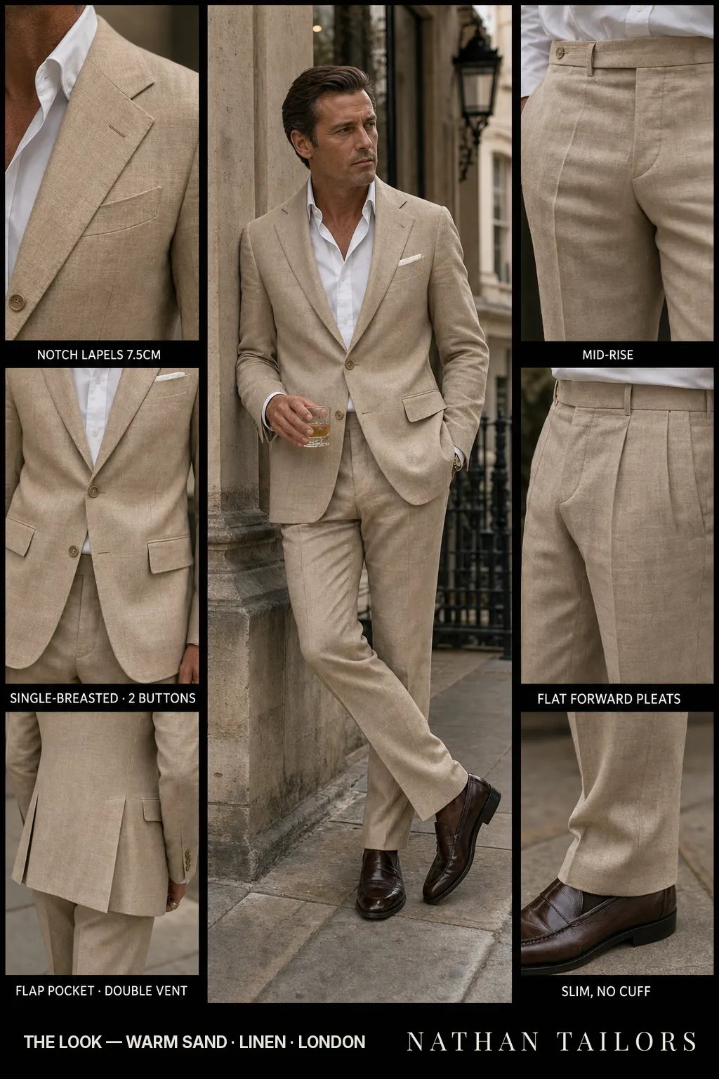 warm sand single-breasted notch-lapel bespoke suit — AI-rendered by Nathan Tailors, the Hoi An custom tailor. Available as a custom tailored suit from $149.