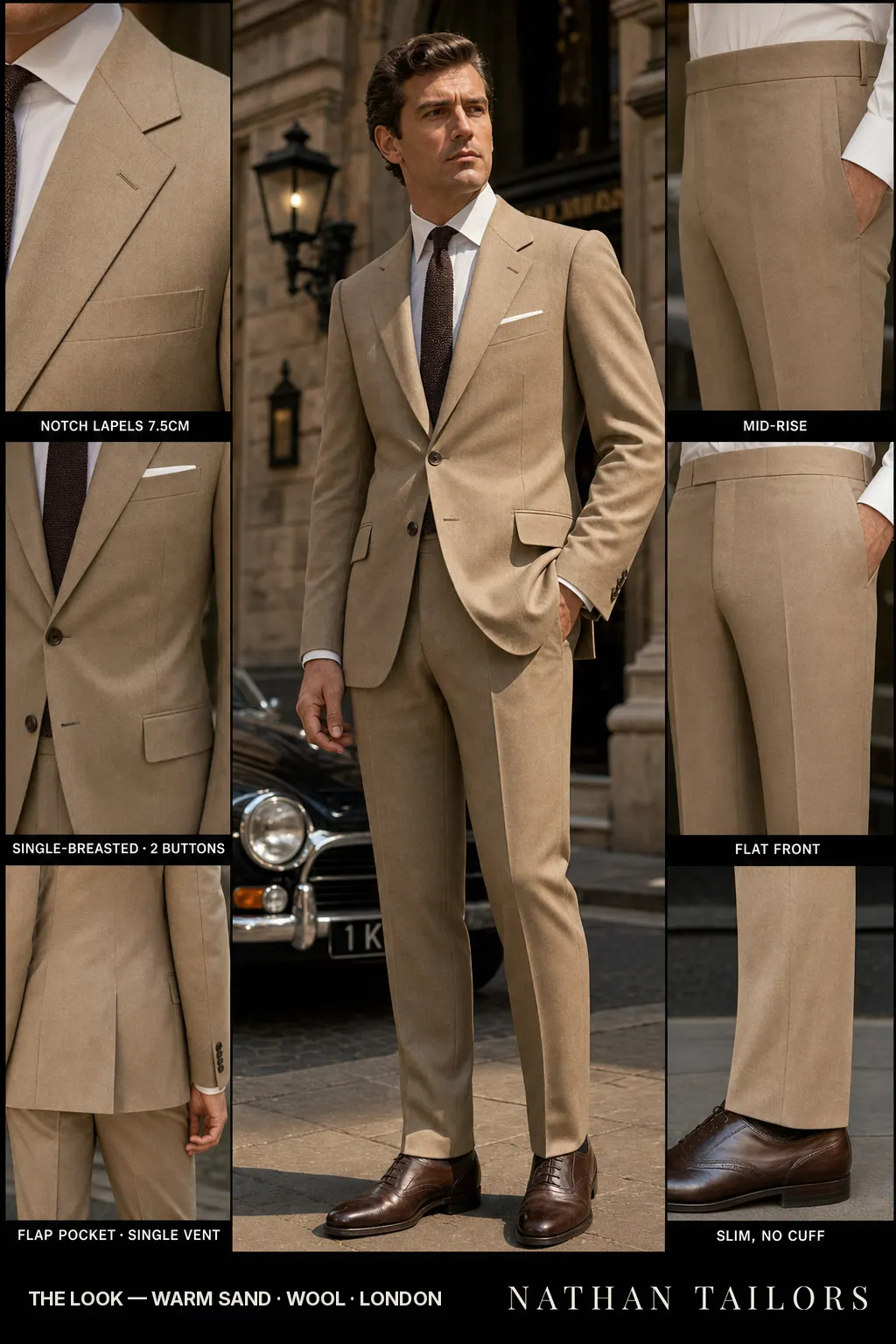 warm sand single-breasted notch-lapel bespoke suit — AI-rendered by Nathan Tailors, the Hoi An custom tailor. Available as a custom tailored suit from $149.