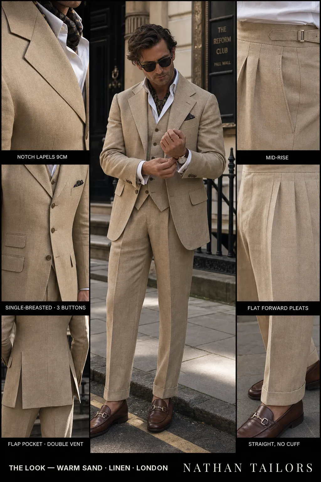 warm sand single-breasted notch-lapel bespoke suit — AI-rendered by Nathan Tailors, the Hoi An custom tailor. Available as a custom tailored suit from $149.