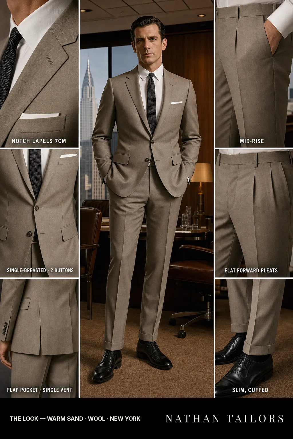 warm sand single-breasted notch-lapel bespoke suit โ AI-rendered by Nathan Tailors, the Hoi An custom tailor. Available as a custom tailored suit from $149.