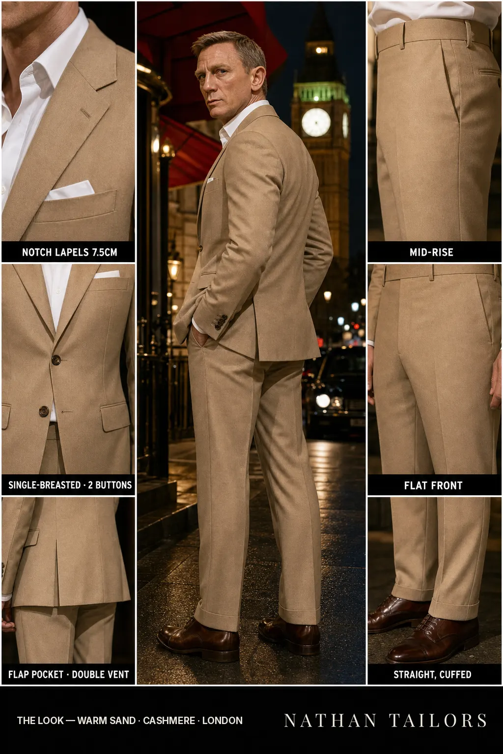 warm sand single-breasted notch-lapel bespoke suit โ AI-rendered by Nathan Tailors, the Hoi An custom tailor. Available as a custom tailored suit from $149.