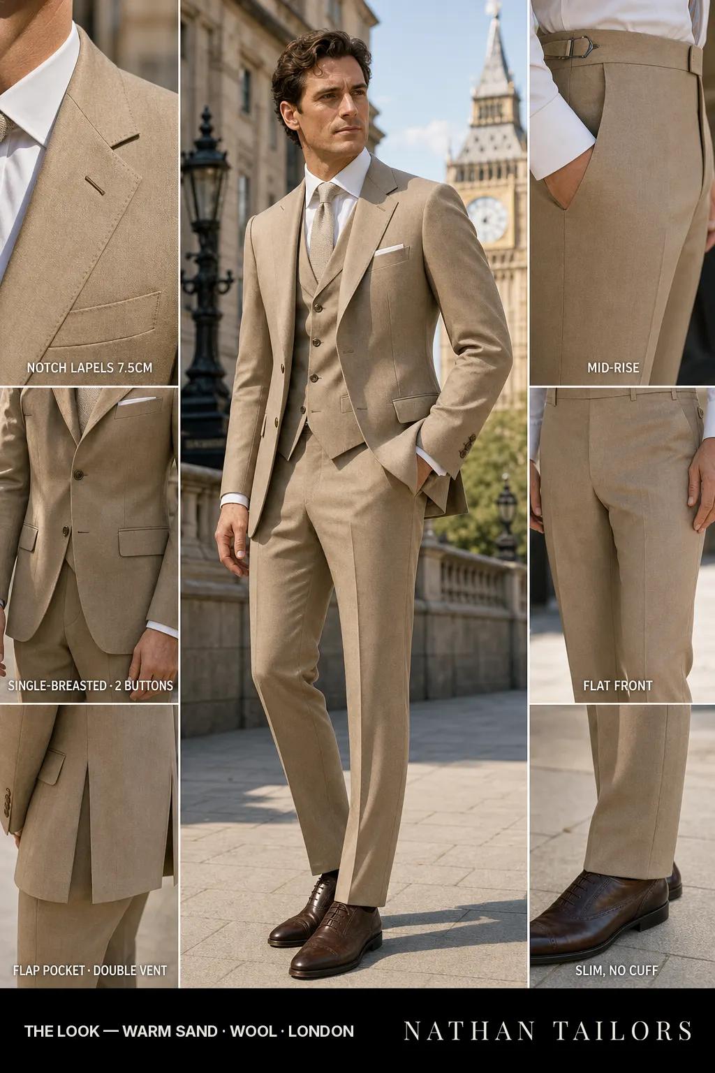 warm sand single-breasted notch-lapel bespoke suit — AI-rendered by Nathan Tailors, the Hoi An custom tailor. Available as a custom tailored suit from $149.