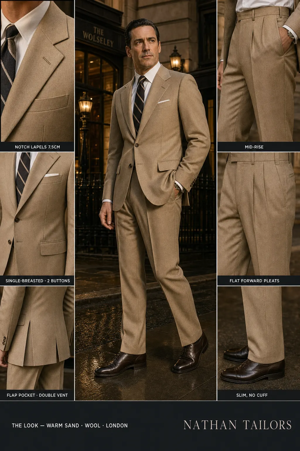 warm sand single-breasted notch-lapel bespoke suit — AI-rendered by Nathan Tailors, the Hoi An custom tailor. Available as a custom tailored suit from $149.