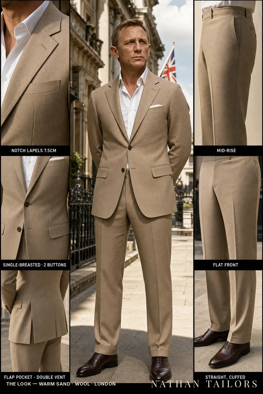 warm sand single-breasted notch-lapel bespoke suit — AI-rendered by Nathan Tailors, the Hoi An custom tailor. Available as a custom tailored suit from $149.