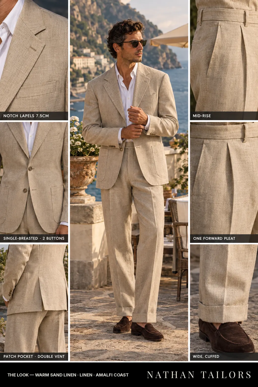 warm sand linen single-breasted bespoke suit — custom tailored by Nathan Tailors, the Hoi An custom tailor
