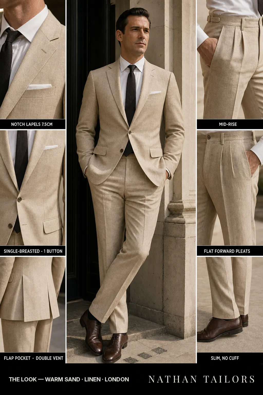 warm sand single-breasted notch-lapel bespoke suit โ AI-rendered by Nathan Tailors, the Hoi An custom tailor. Available as a custom tailored suit from $149.