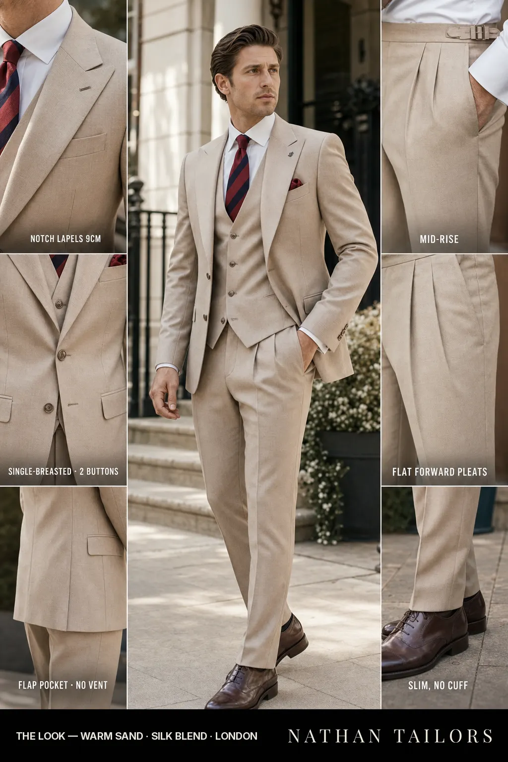 warm sand single-breasted notch-lapel bespoke suit โ AI-rendered by Nathan Tailors, the Hoi An custom tailor. Available as a custom tailored suit from $149.