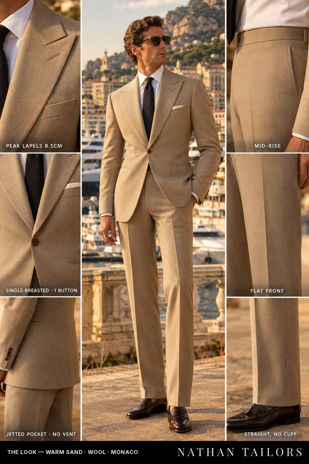 warm sand single-breasted bespoke suit โ custom tailored by Nathan Tailors, the Hoi An custom tailor