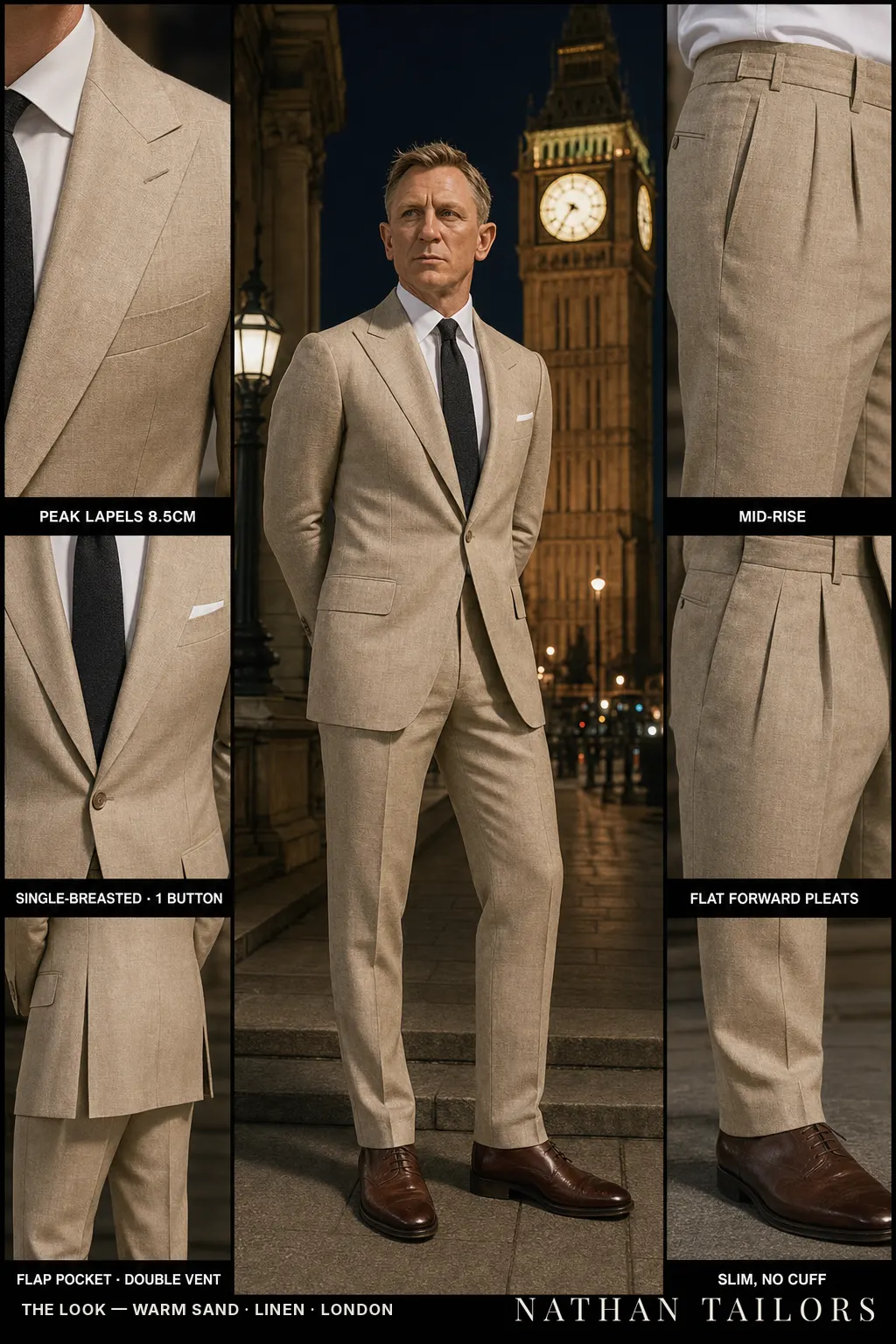 warm sand single-breasted peak-lapel bespoke suit โ AI-rendered by Nathan Tailors, the Hoi An custom tailor. Available as a custom tailored suit from $149.