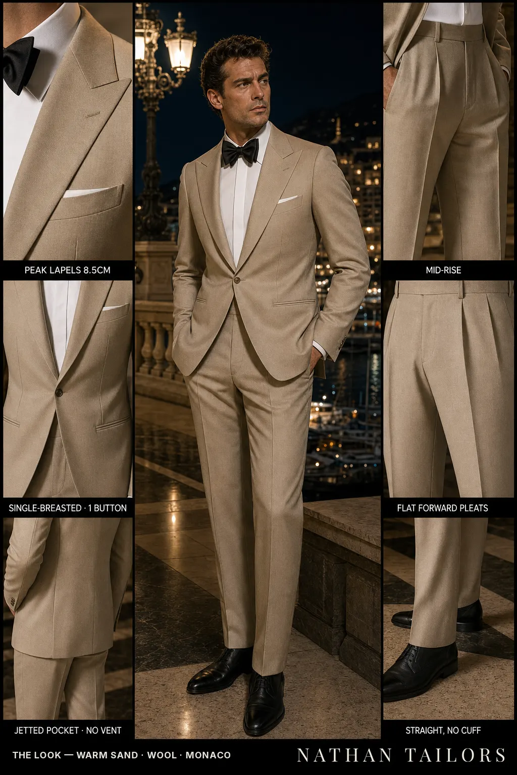 warm sand single-breasted peak-lapel bespoke suit โ AI-rendered by Nathan Tailors, the Hoi An custom tailor. Available as a custom tailored suit from $149.