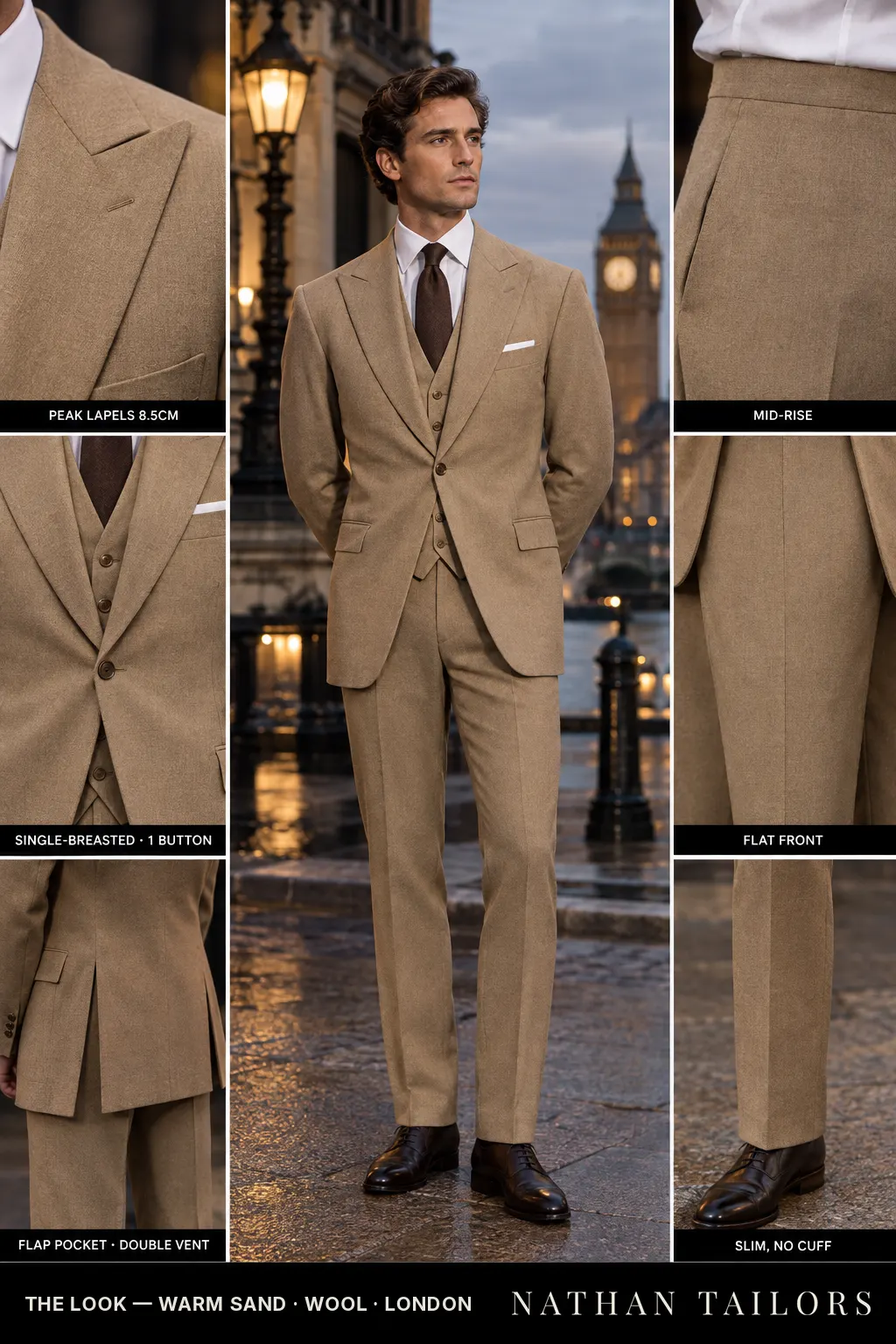 warm sand single-breasted bespoke suit — custom tailored by Nathan Tailors, the Hoi An custom tailor