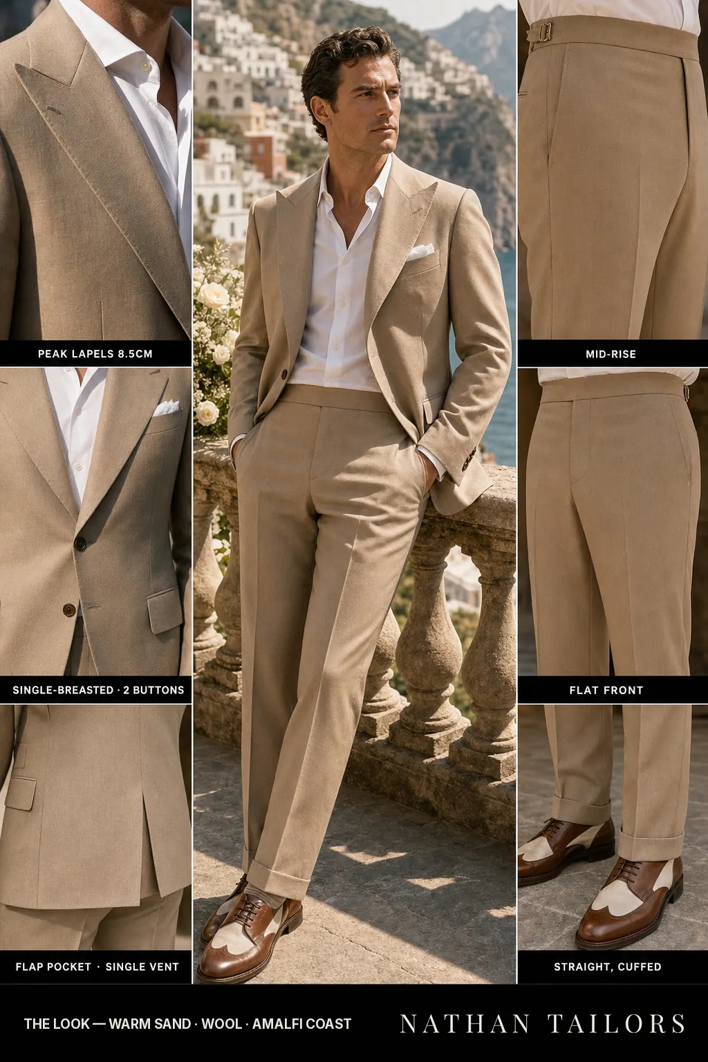 warm sand single-breasted peak-lapel bespoke suit โ AI-rendered by Nathan Tailors, the Hoi An custom tailor. Available as a custom tailored suit from $149.