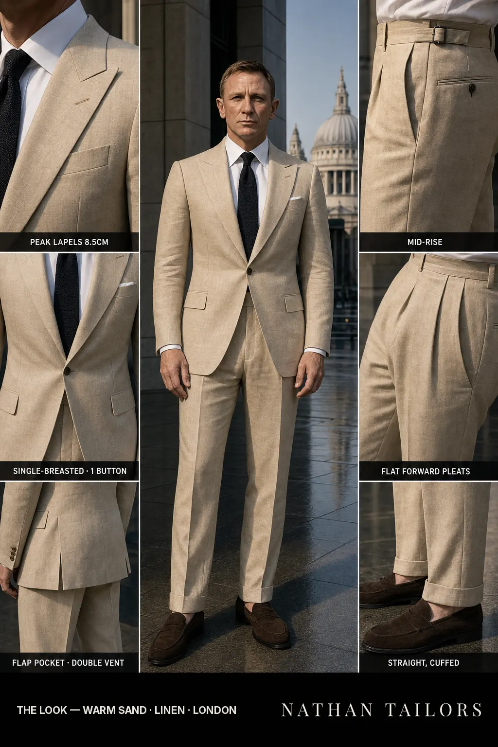 warm sand single-breasted peak-lapel bespoke suit โ AI-rendered by Nathan Tailors, the Hoi An custom tailor. Available as a custom tailored suit from $149.