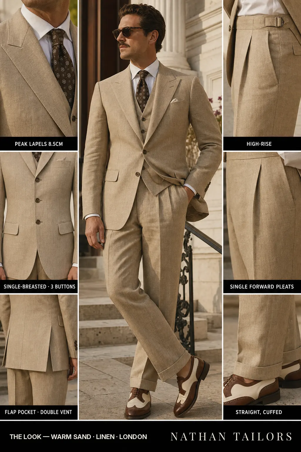 warm sand single-breasted peak-lapel bespoke suit — AI-rendered by Nathan Tailors, the Hoi An custom tailor. Available as a custom tailored suit from $149.