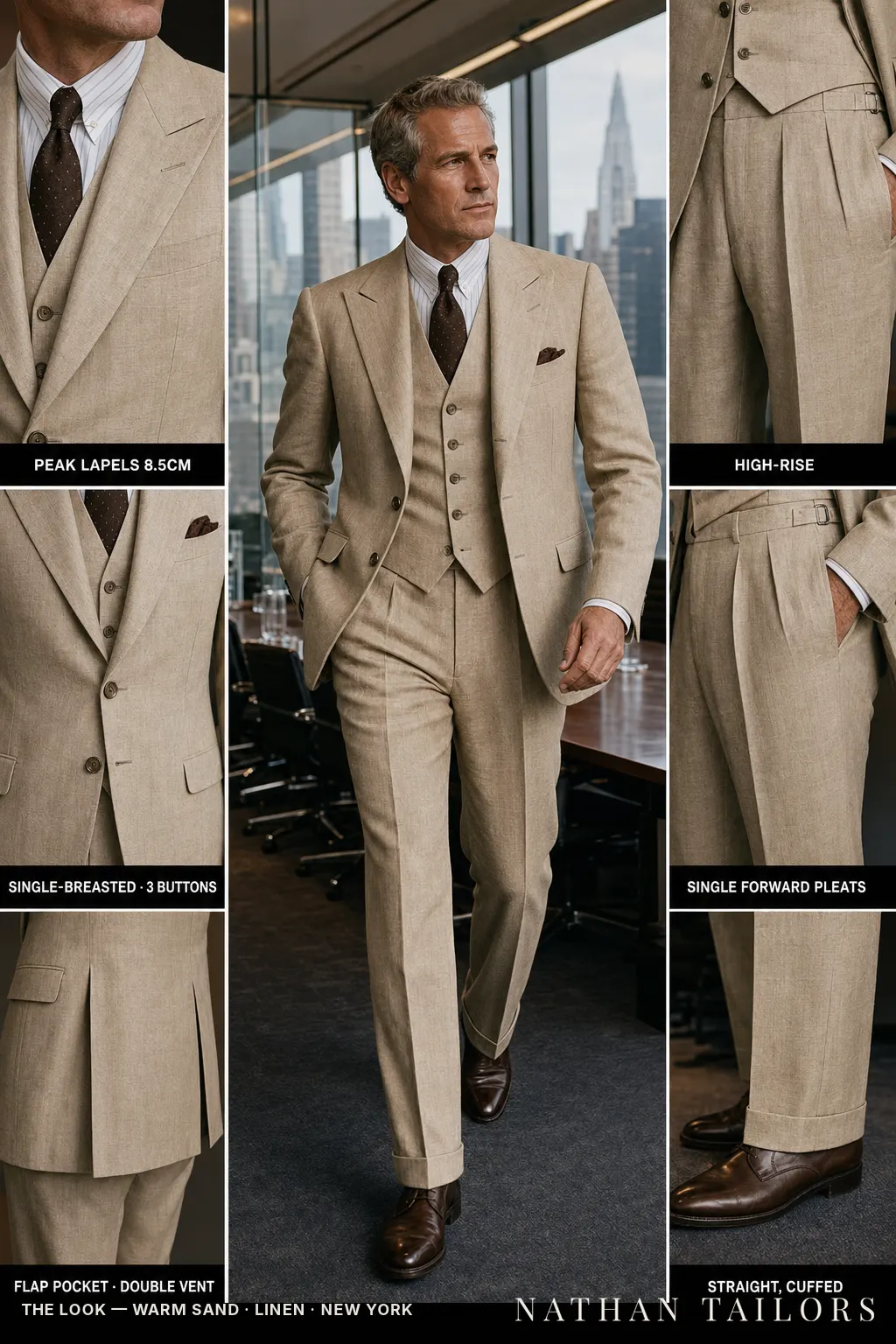 warm sand single-breasted peak-lapel bespoke suit โ AI-rendered by Nathan Tailors, the Hoi An custom tailor. Available as a custom tailored suit from $149.