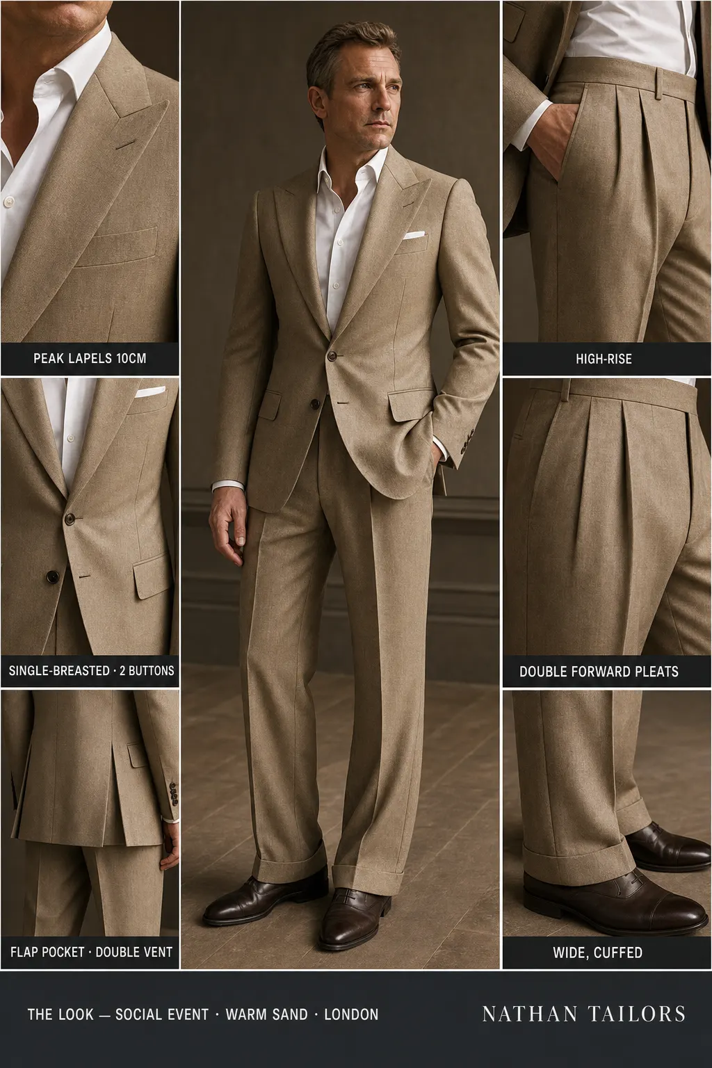 warm sand single-breasted peak-lapel bespoke suit โ AI-rendered by Nathan Tailors, the Hoi An custom tailor. Available as a custom tailored suit from $149.