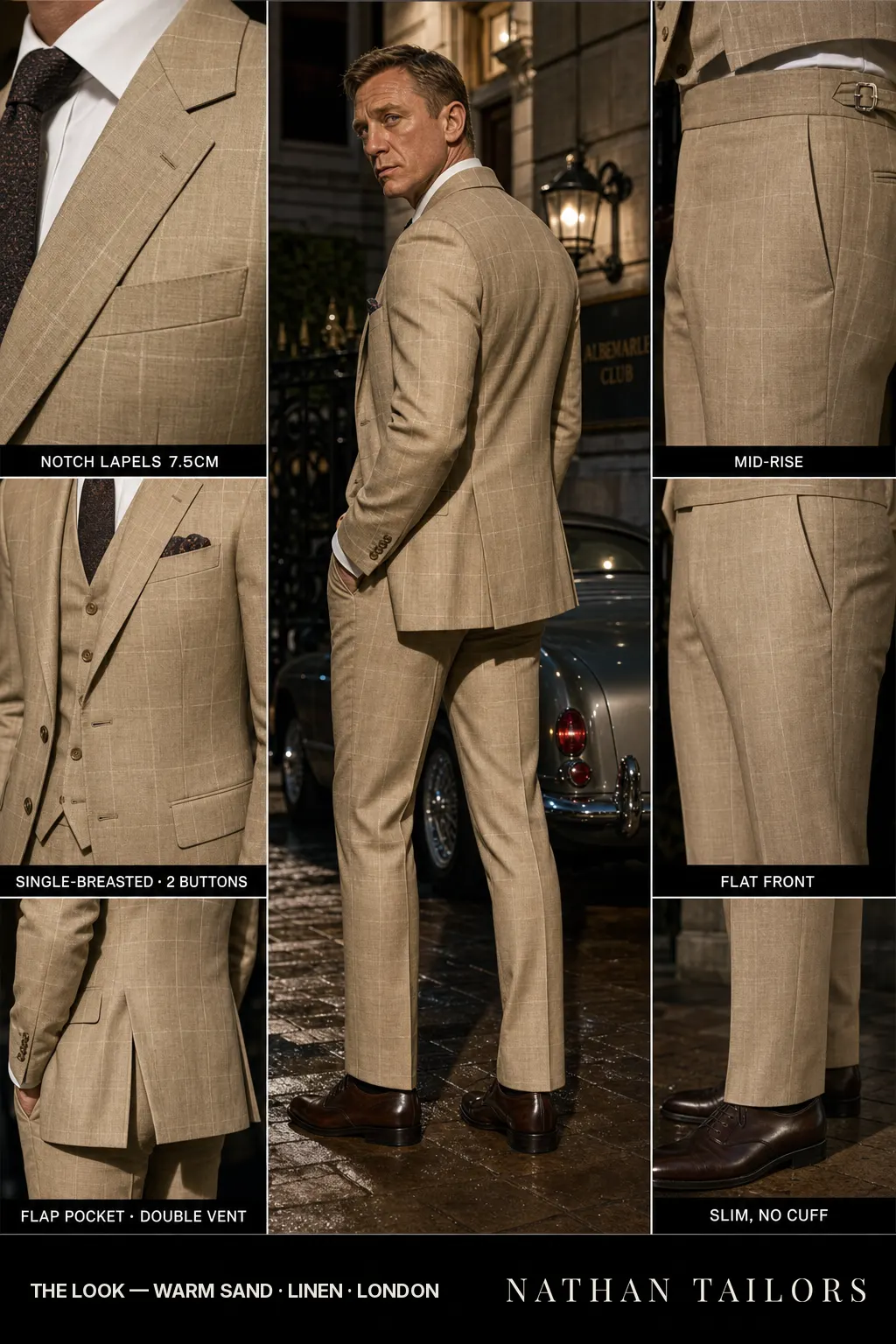 warm sand windowpane single-breasted notch-lapel bespoke suit โ AI-rendered by Nathan Tailors, the Hoi An custom tailor. Available as a custom tailored suit from $149.
