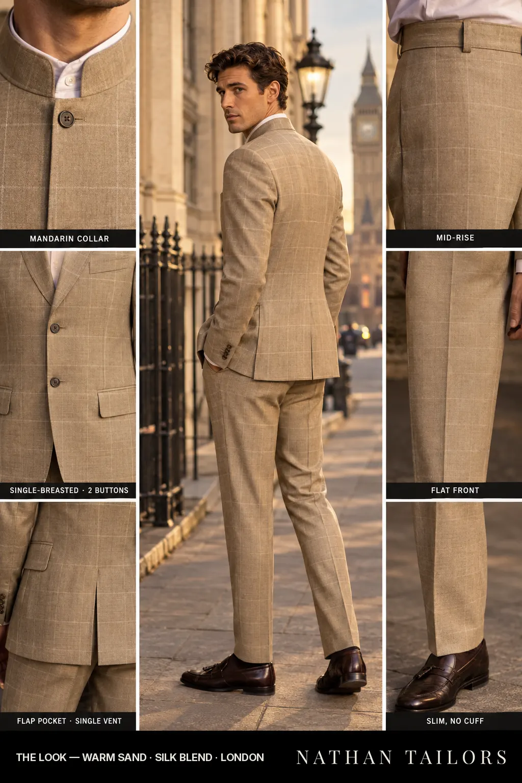 warm sand windowpane single-breasted notch-lapel bespoke suit — AI-rendered by Nathan Tailors, the Hoi An custom tailor. Available as a custom tailored suit from $149.