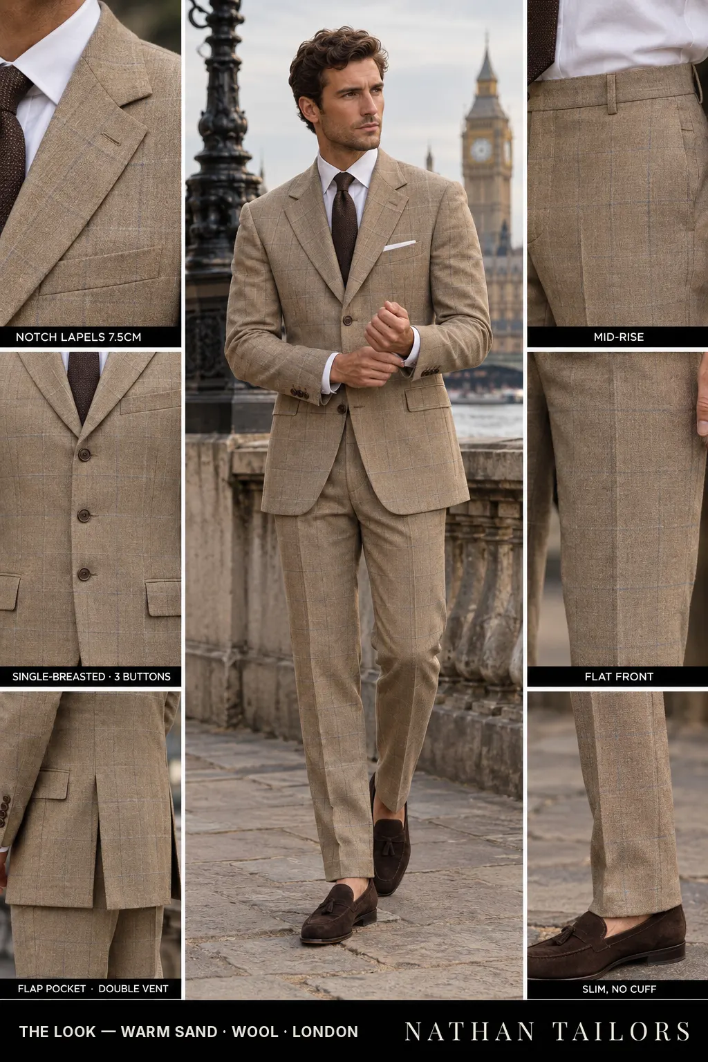 warm sand windowpane single-breasted bespoke suit — custom tailored by Nathan Tailors, the Hoi An custom tailor