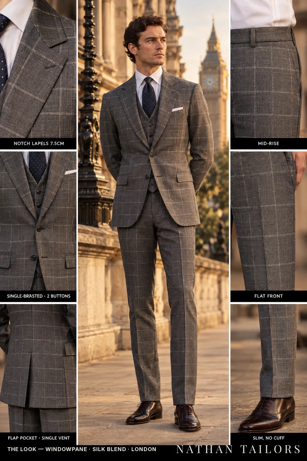 Windowpane glen plaid single-breasted notch-lapel bespoke suit — AI-rendered by Nathan Tailors, the Hoi An custom tailor. Available as a custom tailored suit from $149.