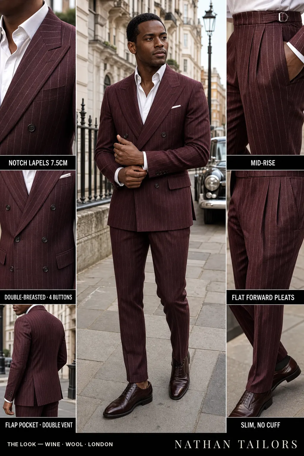 wine chalk stripe double-breasted notch-lapel bespoke suit โ AI-rendered by Nathan Tailors, the Hoi An custom tailor. Available as a custom tailored suit from $149.
