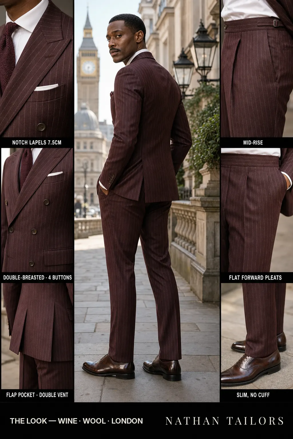 wine chalk stripe double-breasted notch-lapel bespoke suit — AI-rendered by Nathan Tailors, the Hoi An custom tailor. Available as a custom tailored suit from $149.