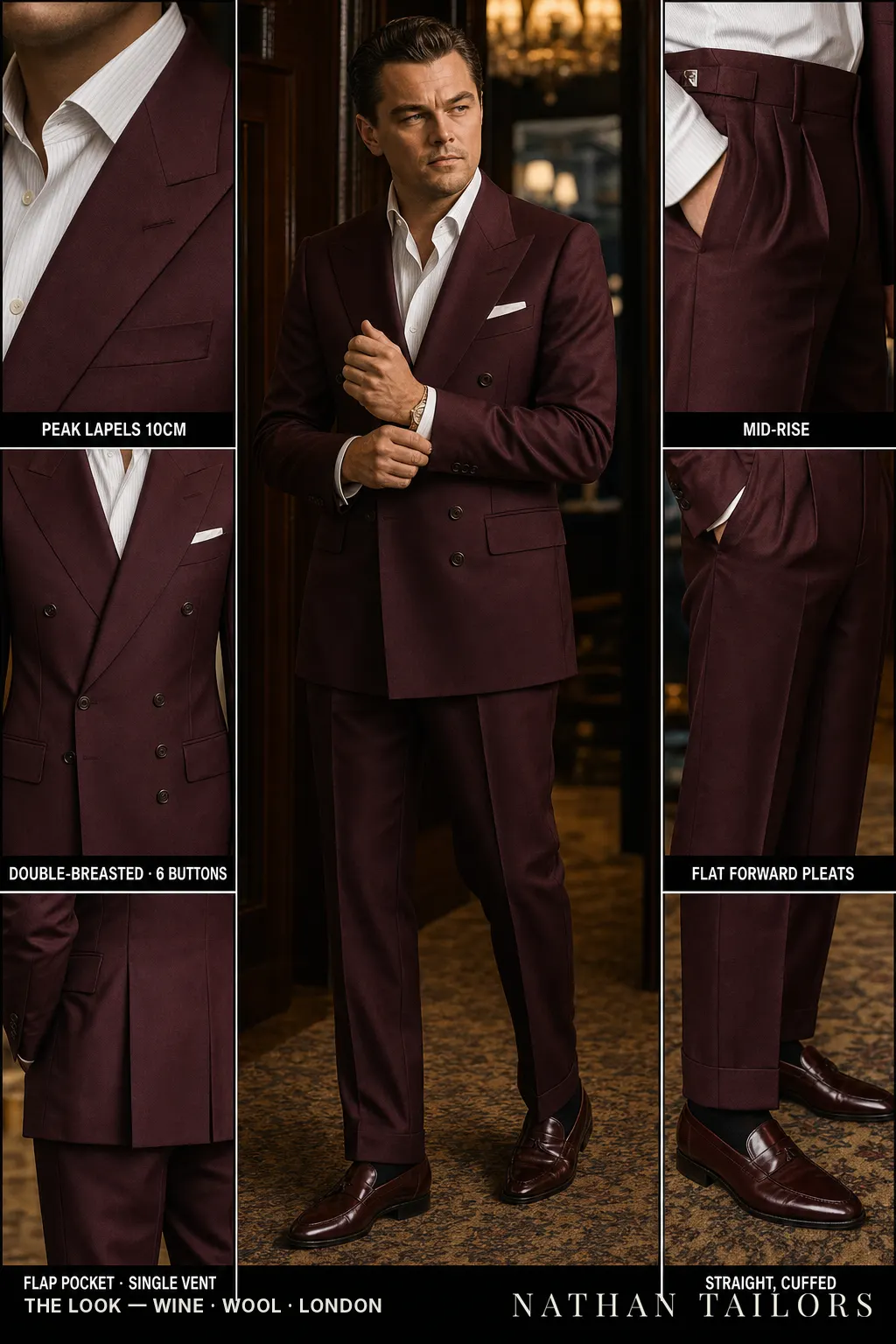 wine double-breasted peak-lapel bespoke suit โ AI-rendered by Nathan Tailors, the Hoi An custom tailor. Available as a custom tailored suit from $149.