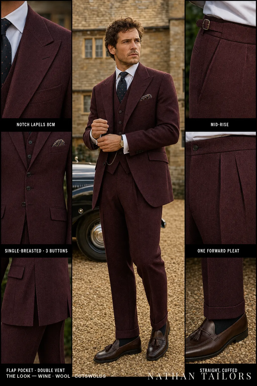 wine herringbone single-breasted bespoke suit — custom tailored by Nathan Tailors, the Hoi An custom tailor