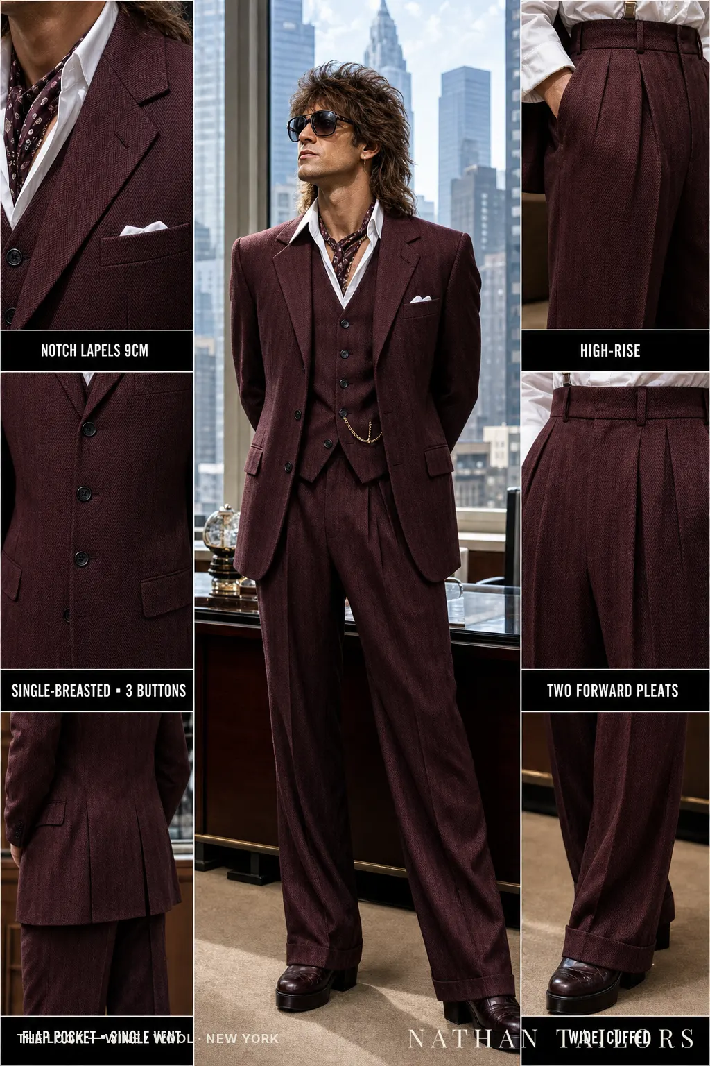 wine herringbone single-breasted notch-lapel bespoke suit โ AI-rendered by Nathan Tailors, the Hoi An custom tailor. Available as a custom tailored suit from $149.