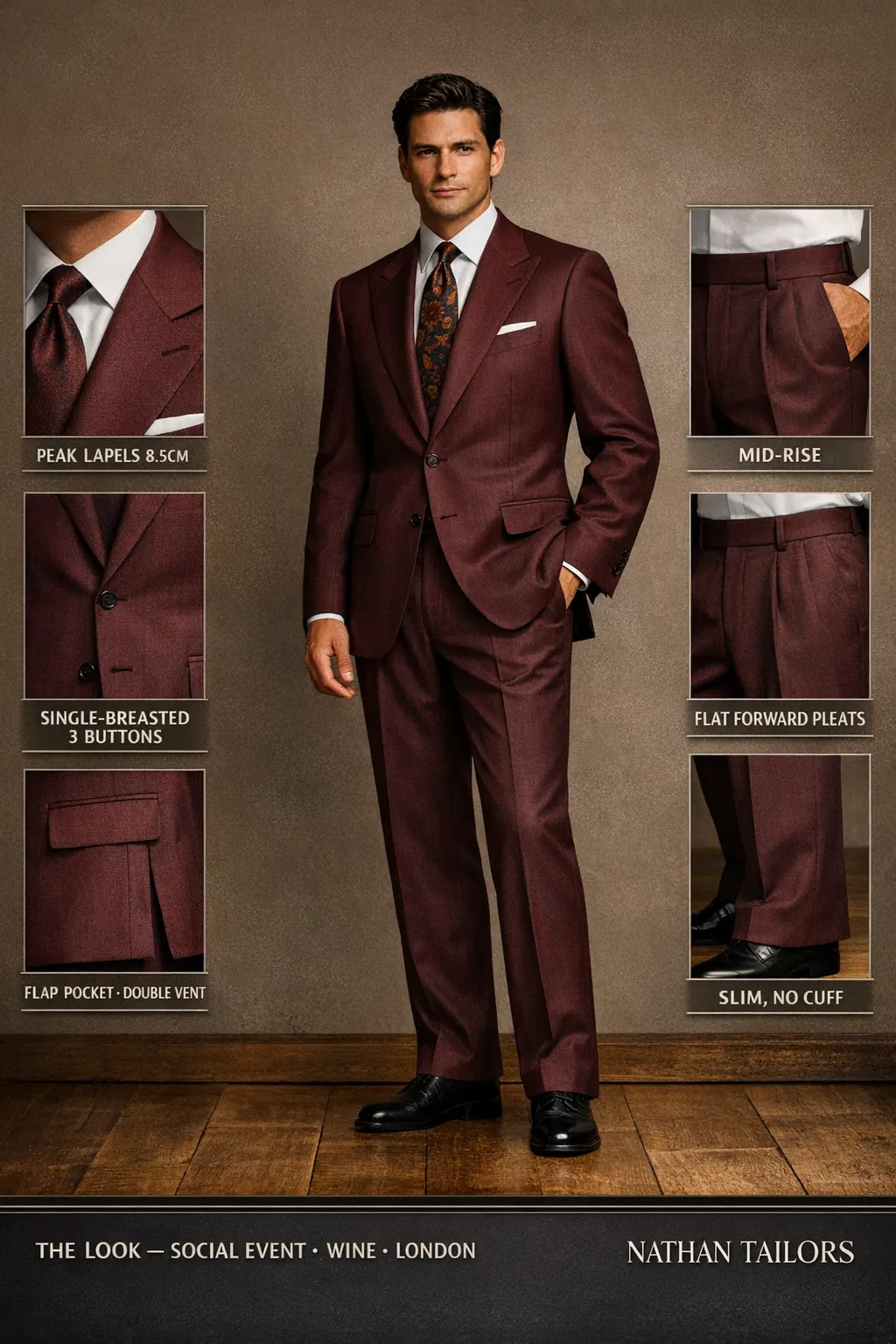 wine herringbone single-breasted peak-lapel bespoke suit — AI-rendered by Nathan Tailors, the Hoi An custom tailor. Available as a custom tailored suit from $149.