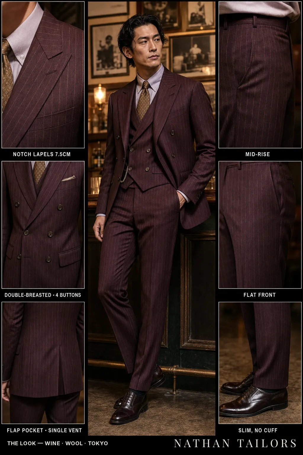 wine pinstripe double-breasted notch-lapel bespoke suit — AI-rendered by Nathan Tailors, the Hoi An custom tailor. Available as a custom tailored suit from $149.