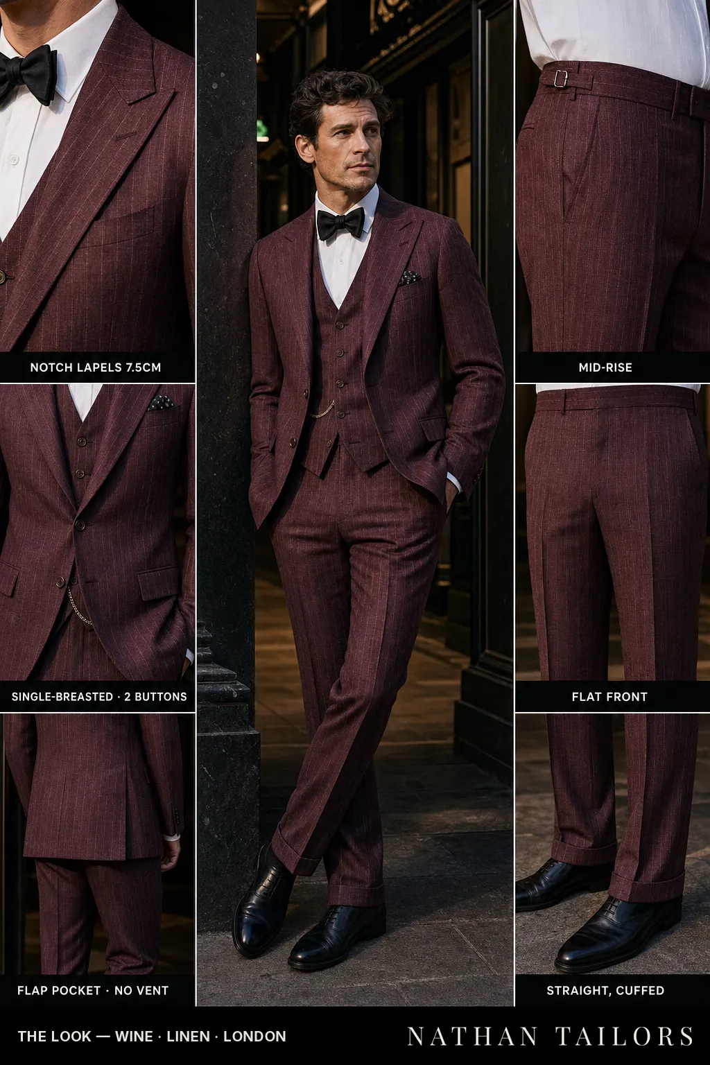 wine pinstripe single-breasted notch-lapel bespoke suit — AI-rendered by Nathan Tailors, the Hoi An custom tailor. Available as a custom tailored suit from $149.