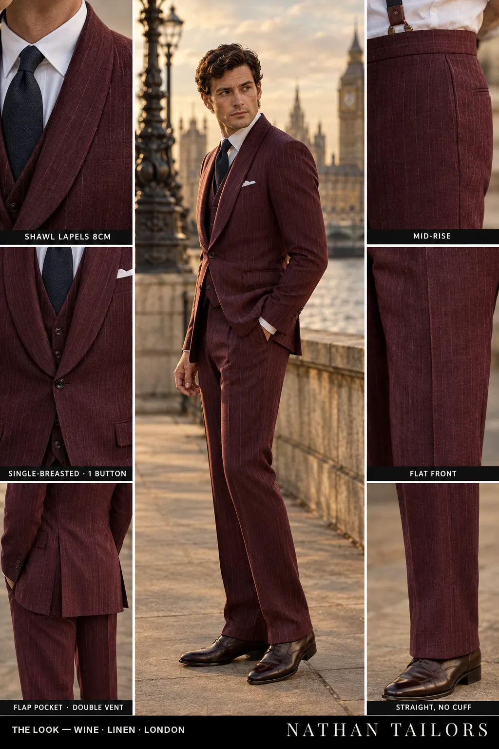 wine pinstripe single-breasted bespoke suit โ custom tailored by Nathan Tailors, the Hoi An custom tailor