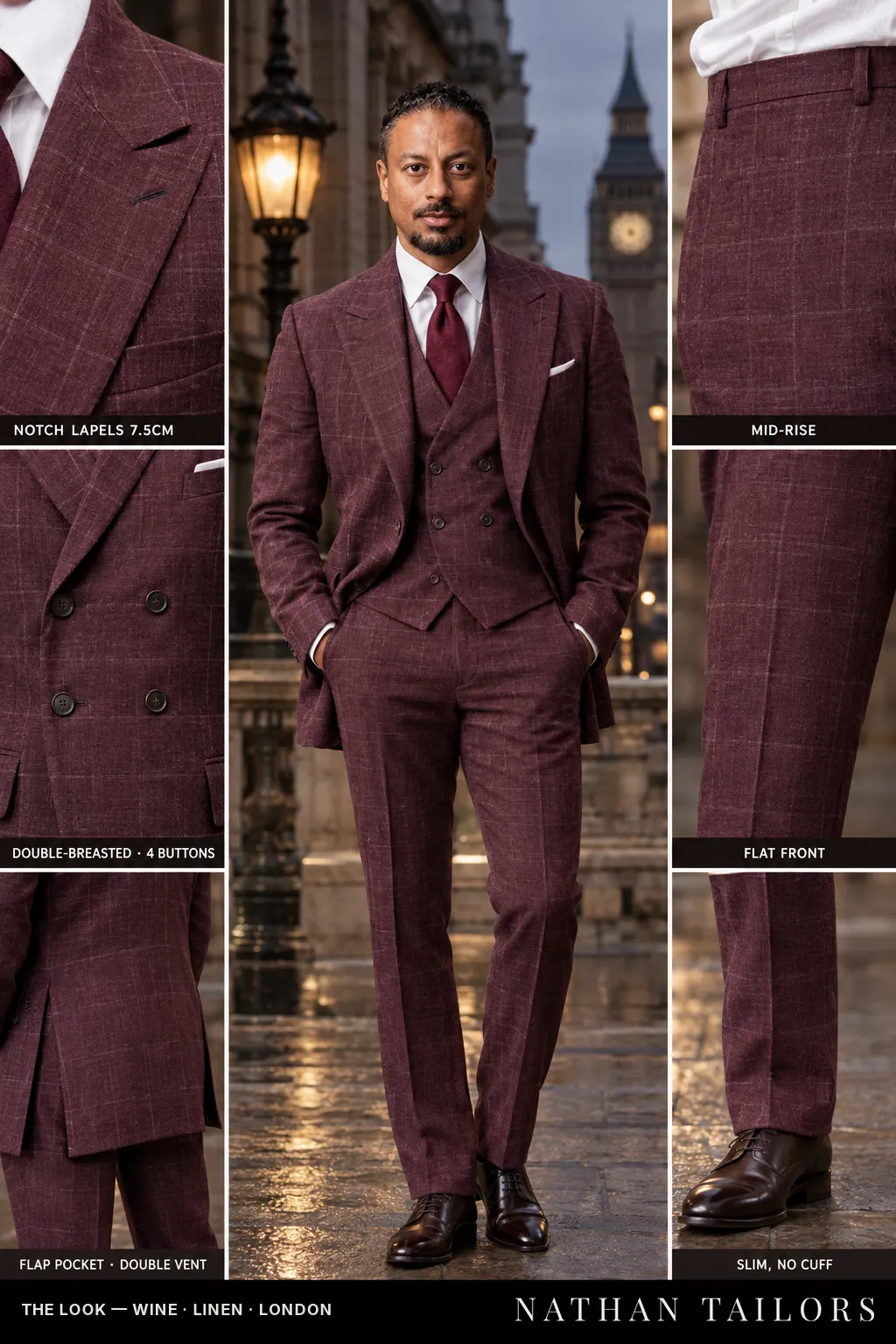 wine windowpane double-breasted bespoke suit โ custom tailored by Nathan Tailors, the Hoi An custom tailor