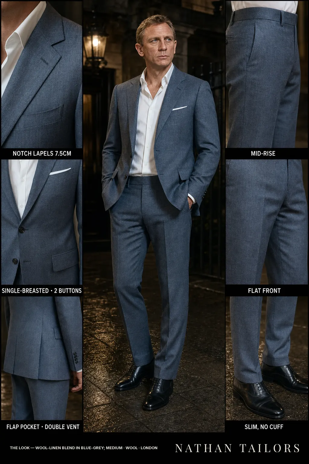 wool‑linen blend in blue‑grey; medium single-breasted notch-lapel bespoke suit — AI-rendered by Nathan Tailors, the Hoi An custom tailor. Available as a custom tailored suit from $149.