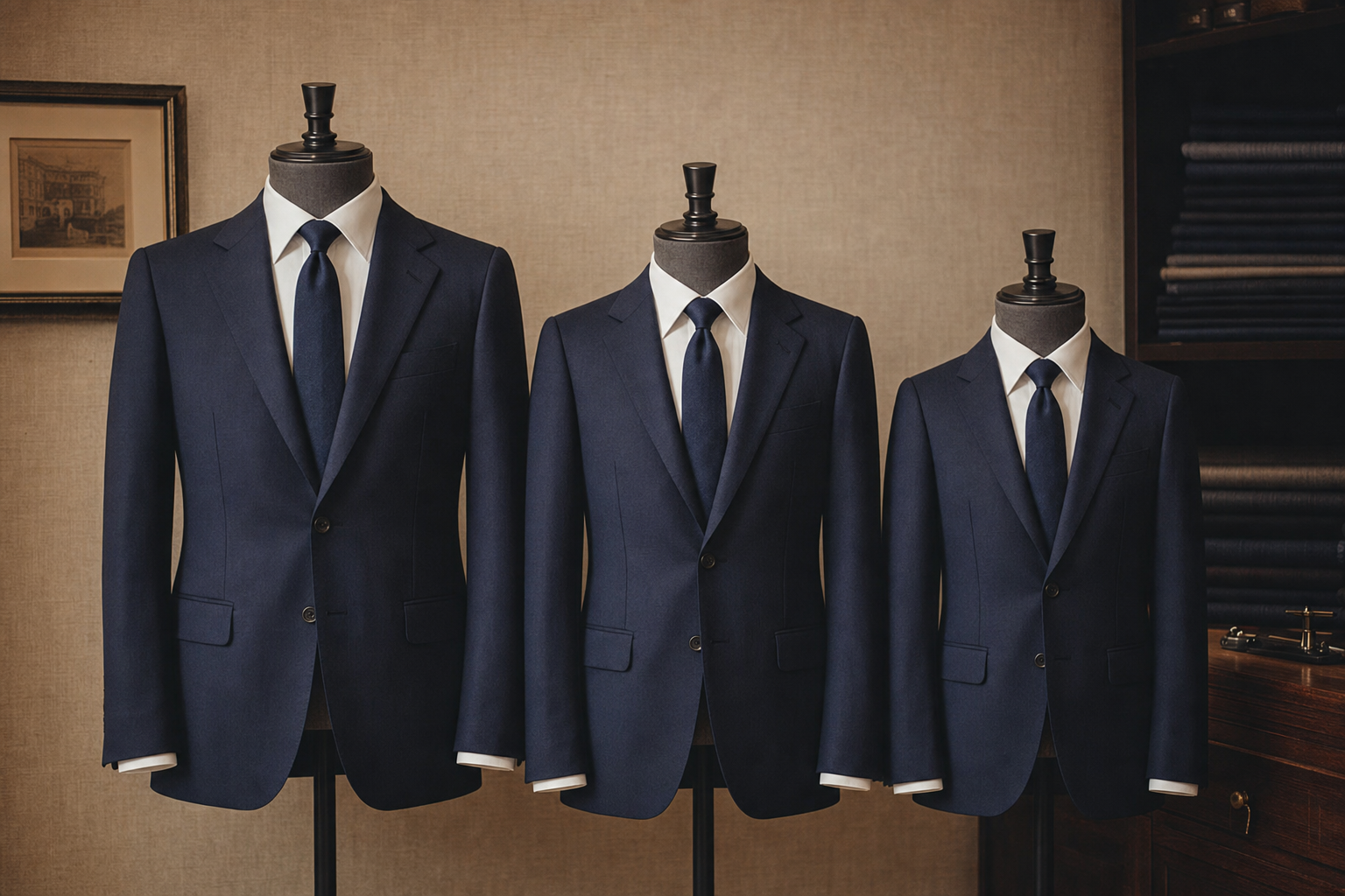 Three navy suits in graduated sizes arranged in a line on dress forms, implying a family of siblings