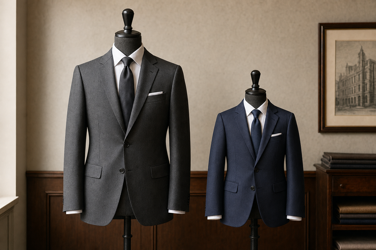 A father's charcoal suit and a smaller navy Bar Mitzvah suit displayed side by side on tailor's dress forms