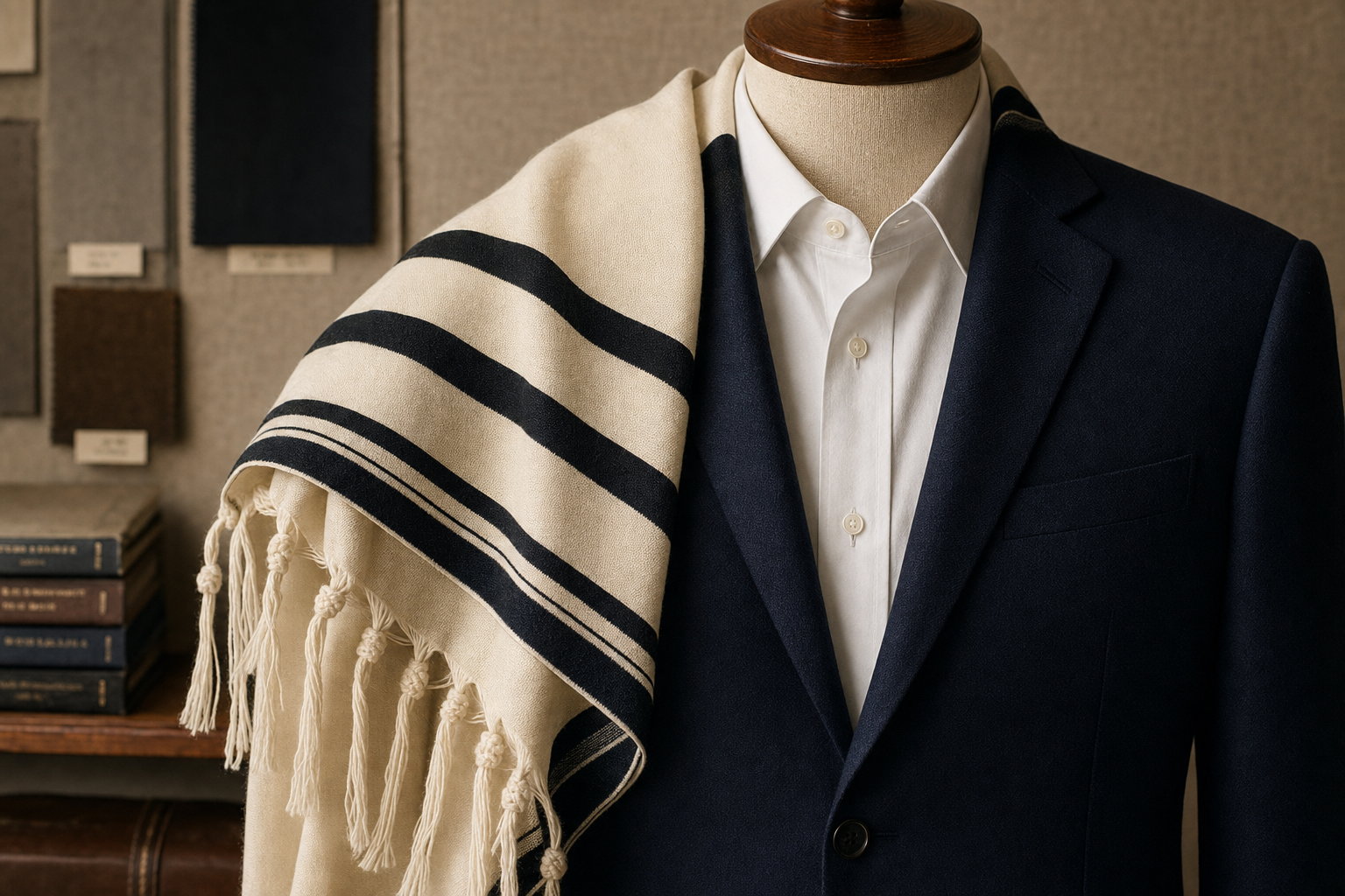 A folded tallit prayer shawl with classic stripes and tzitzit fringes draped over the shoulder of a navy suit jacket
