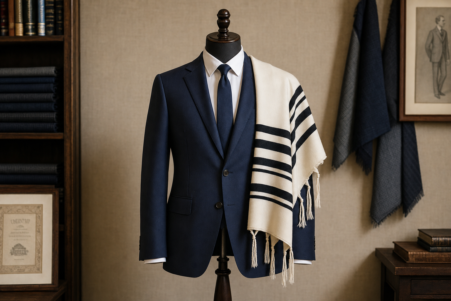 A boy's navy Bar Mitzvah suit with a white shirt and a tallit prayer shawl draped over the shoulder, displayed on a tailor's dress form