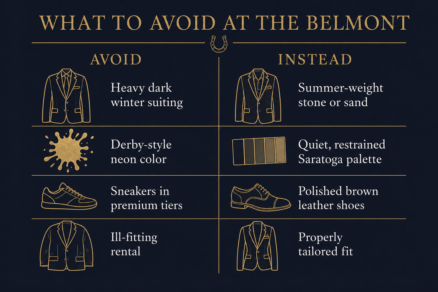 Infographic checklist of Belmont Stakes style mistakes to avoid: heavy dark suiting, Derby neon, sneakers in premium tiers, ill-fitting rentals