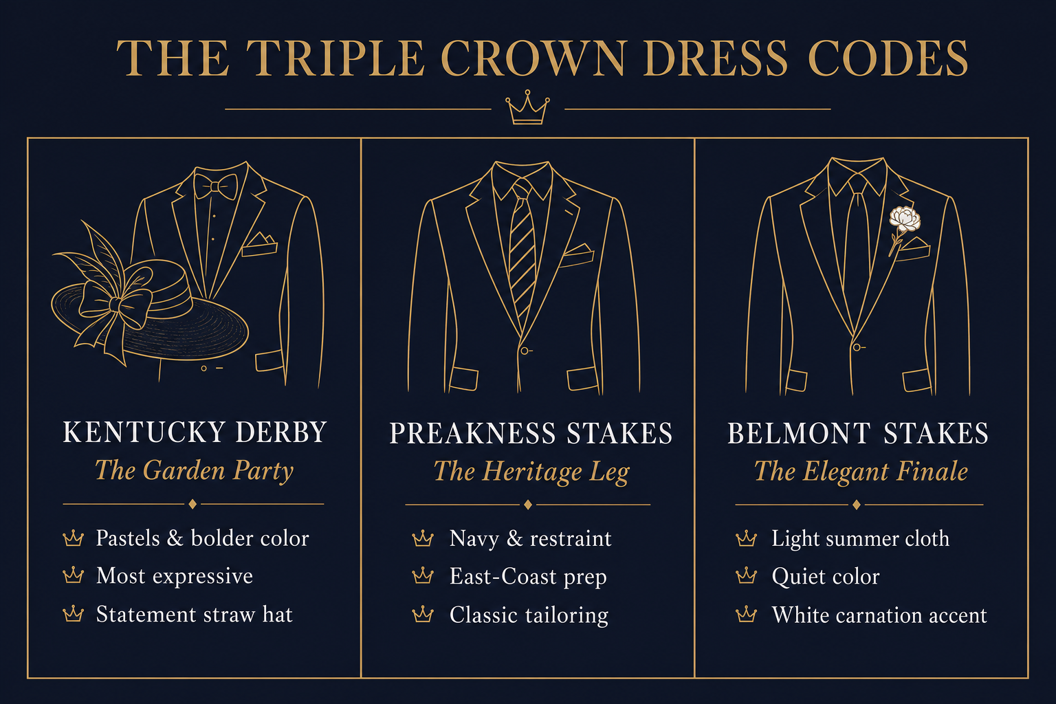 Comparison infographic of the three Triple Crown dress codes: Kentucky Derby pastels, Preakness navy prep, Belmont light summer cloth