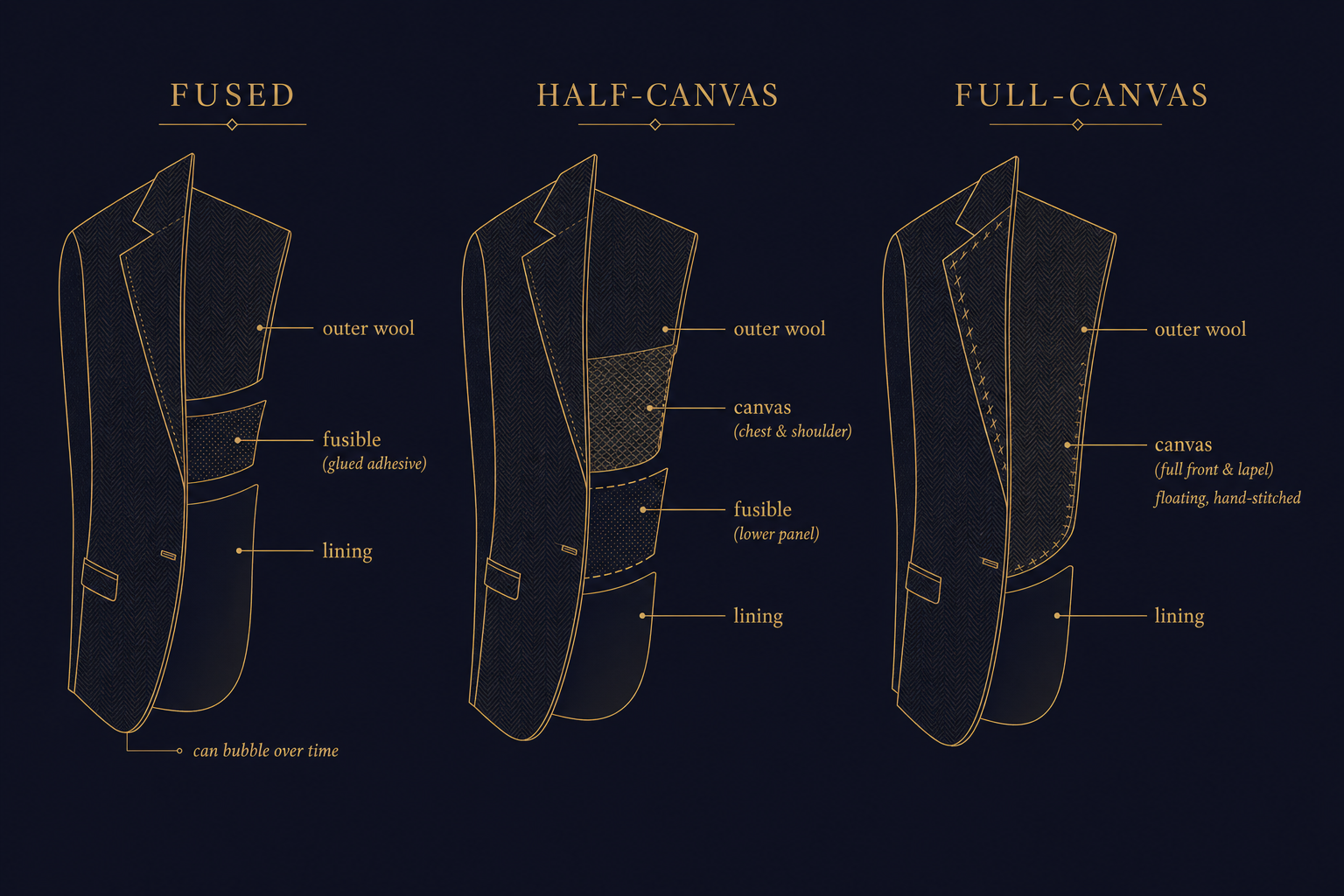 Diagram comparing fused, half-canvas and full-canvas suit jacket construction in cross-section