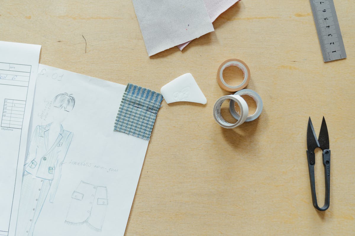 Tailor drafting a paper suit pattern from scratch with chalk, rulers and shears on the cutting table
