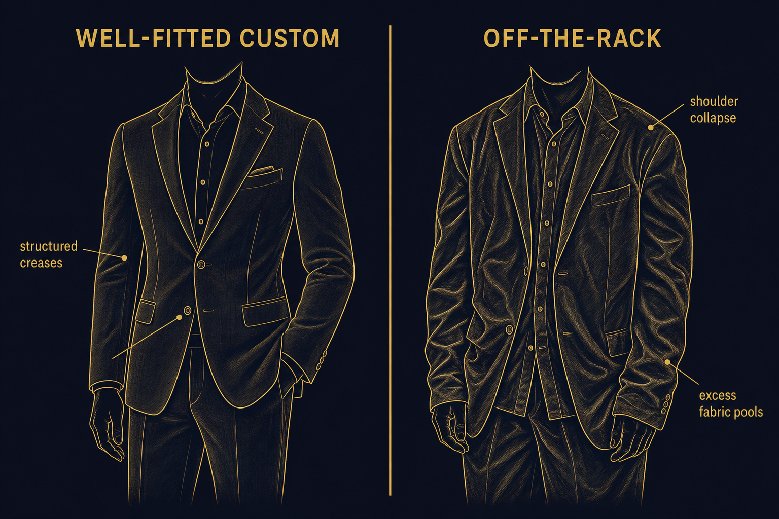 Infographic comparing structured intentional creases on a well-fitted linen jacket versus chaotic random wrinkles on a poorly-fitted off-the-rack linen jacket