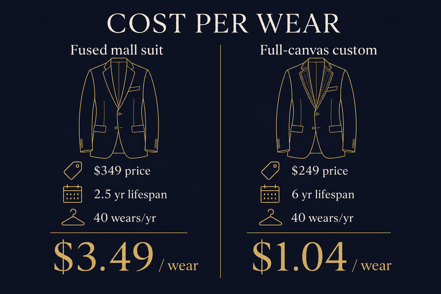 Comparison diagram of cost-per-wear for a fused mall suit versus a fully canvassed custom suit