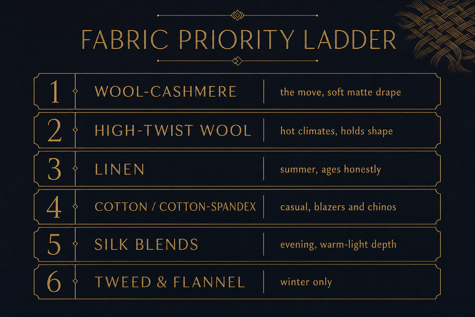 Infographic ranking Chinamaxxing fabrics by priority: wool-cashmere, high-twist wool, linen, cotton and cotton-spandex, silk blends, and tweed and flannel, each with its best use case