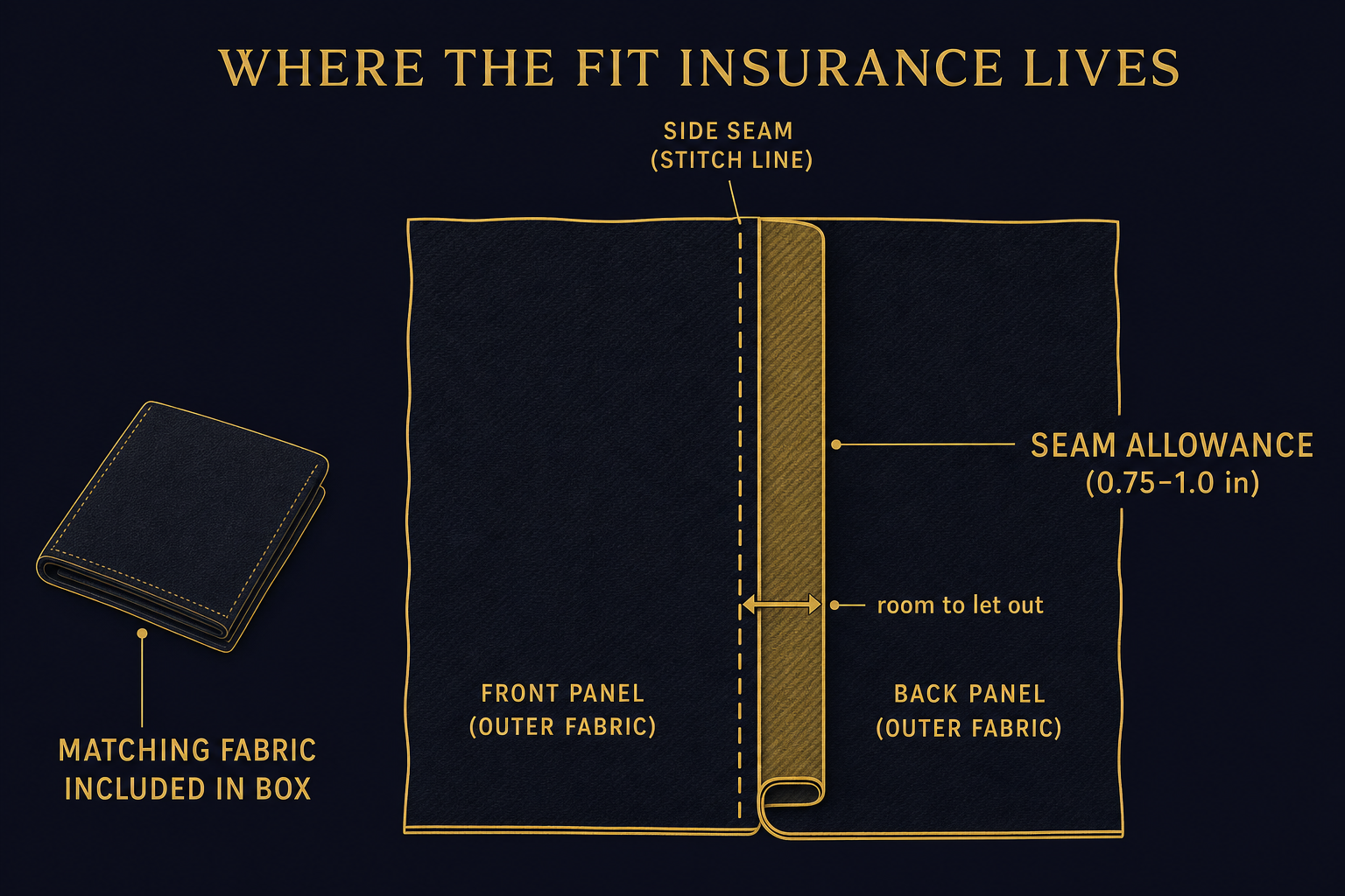 Cross-section diagram of a jacket side seam showing the stitch line and the hidden reserve of seam-allowance fabric that a local tailor can let out